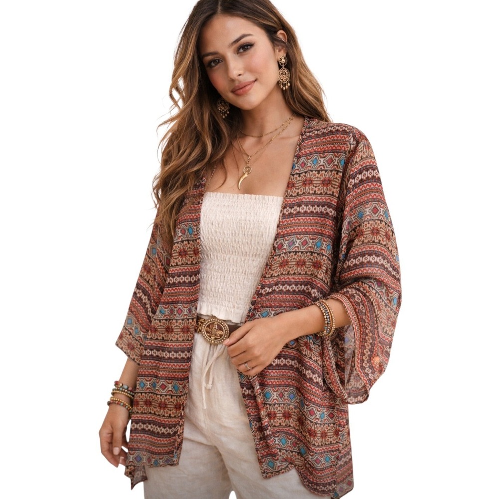 Absolute Angel NY Womens Tribal Print Sheer Kimono Cardigan Multicolor Large